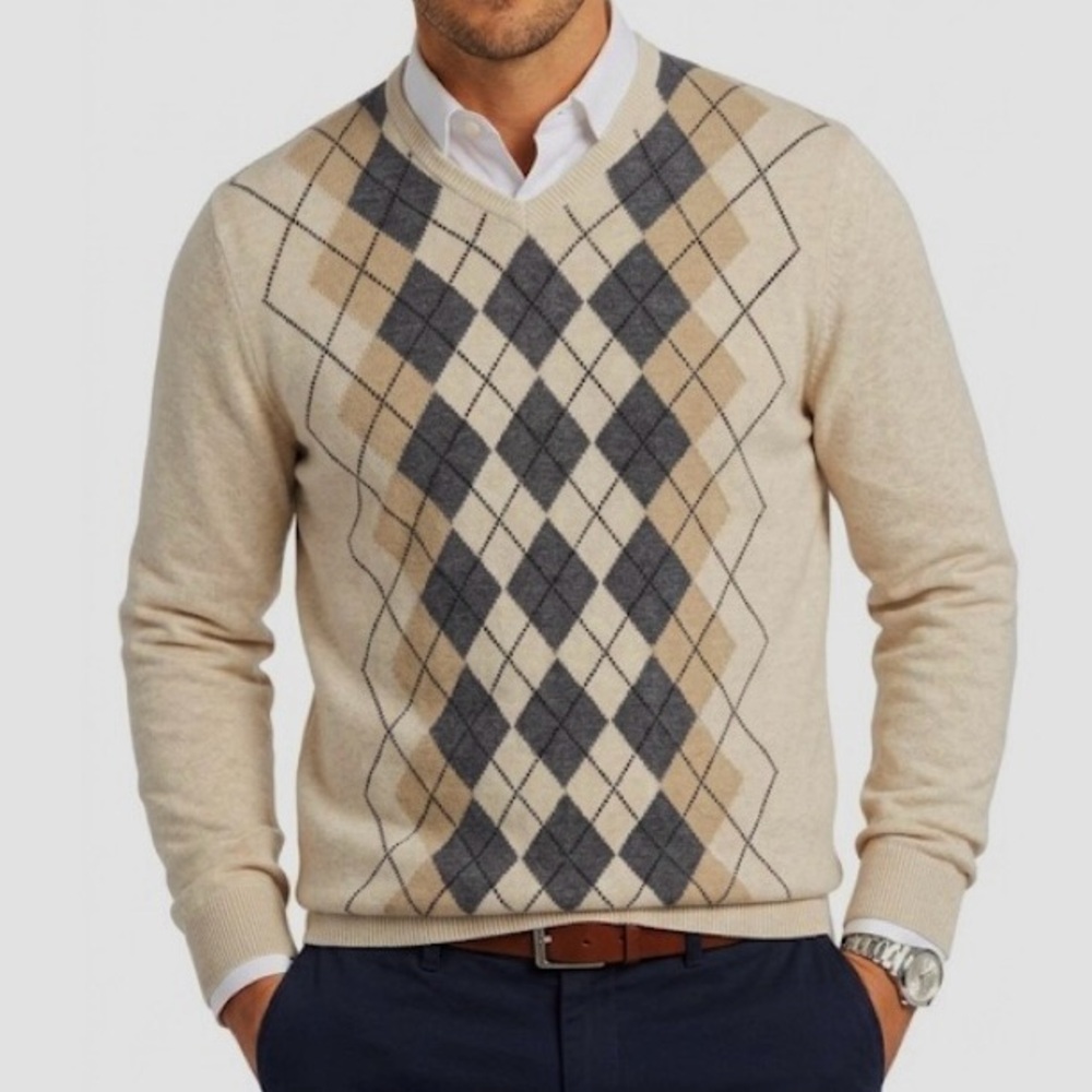 Preppy Cotton Cream Neutral Argyle V-Neck Knit Sweater College Dark Academia